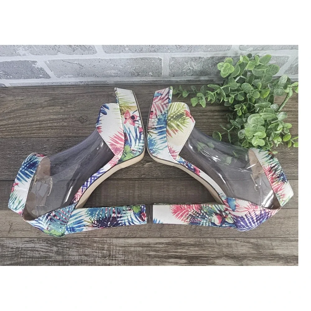 Its Tropical Floral Platform Heels Womens 9 Block Heel Ankle Strap‎ Sandals